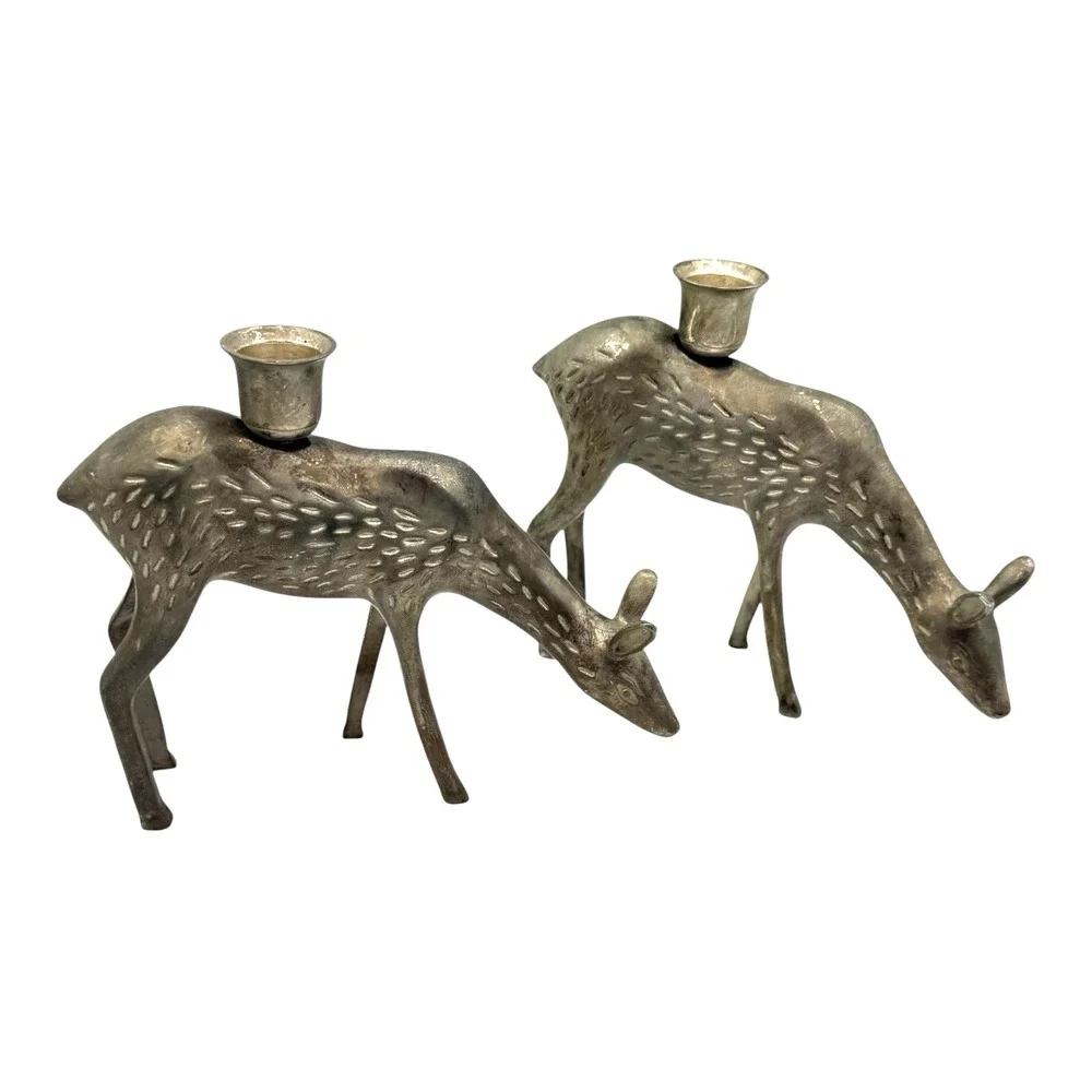 Grazing Deer Taper Candle Holders Set of 2 Silver Tone Christmas Mantel Vintagef